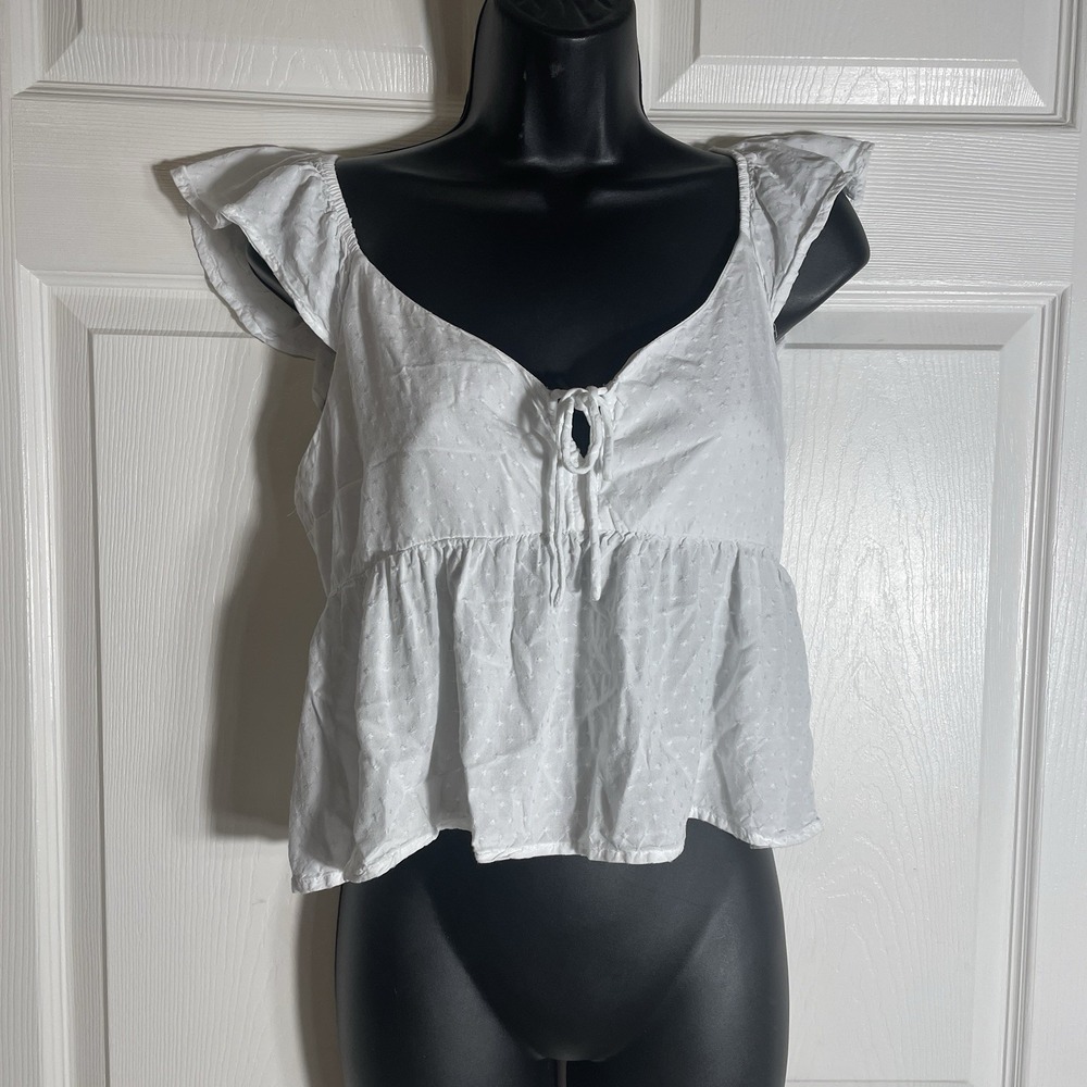 Vintage Hollister Babydoll Shirt Women M White Swiss Dot Y2K‎ Cropped V Neckline
